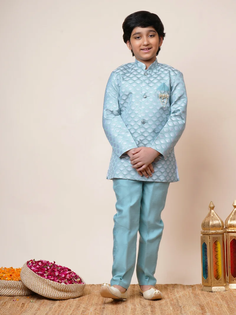BT DEZINES Boys Sky Blue Jacquard Sherwani Set